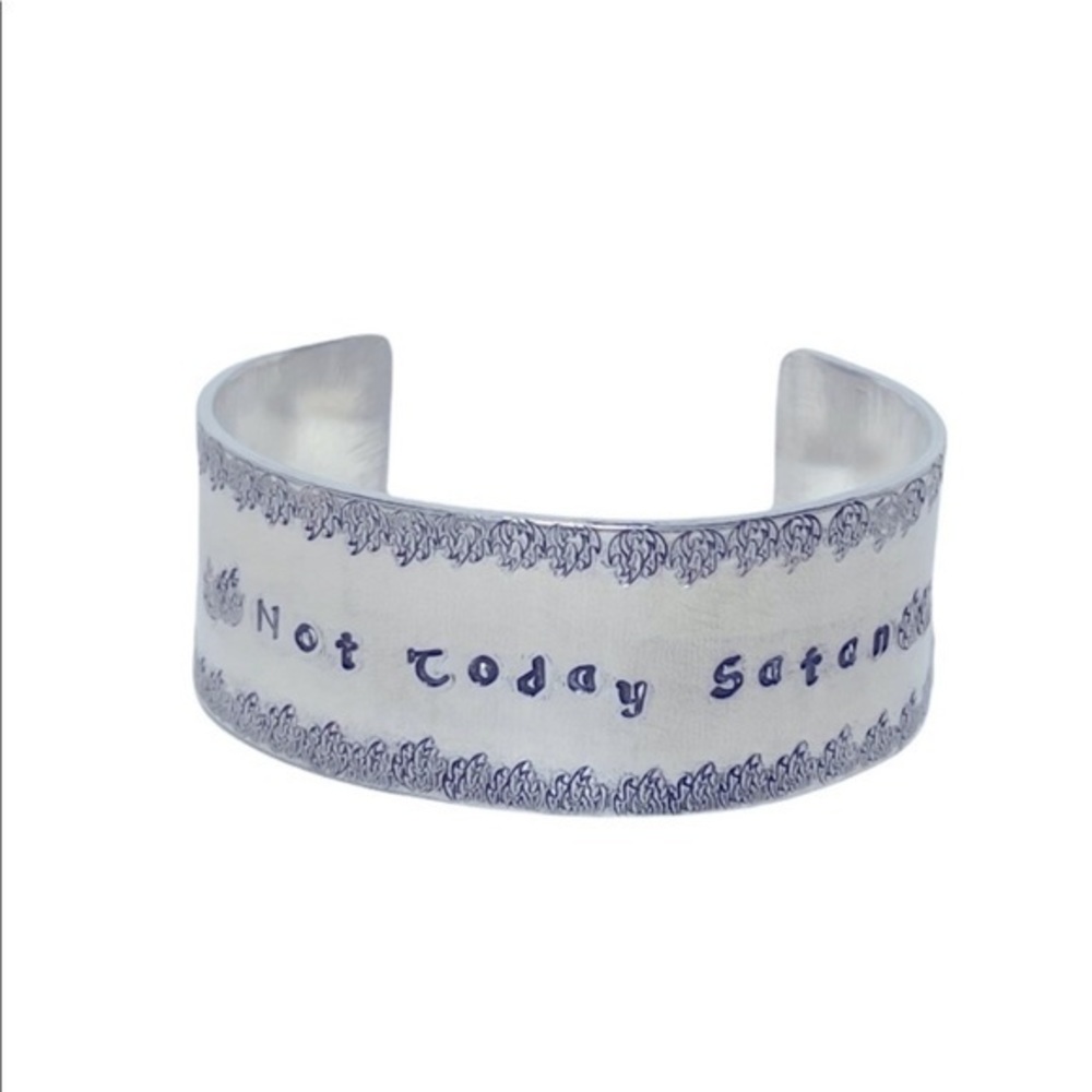 Handmade stamped Not Today Satan
adjustable hypoallergenic silver‎ cuff bracelet - Picture 7 of 7
